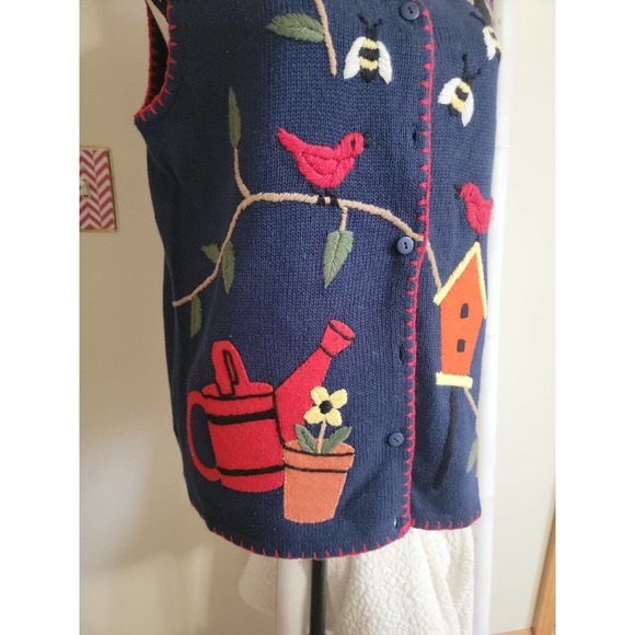Quacker Factory Navy Birds and Bees Sweater Vest Sz M - Picture 2 of 3